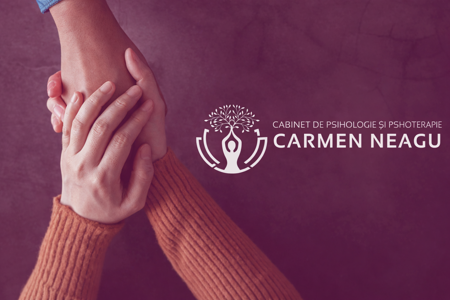 Mâini care se sprijină reciproc pe fundal mov, alături de logo-ul Cabinet de Psihologie și Psihoterapie Carmen Neagu